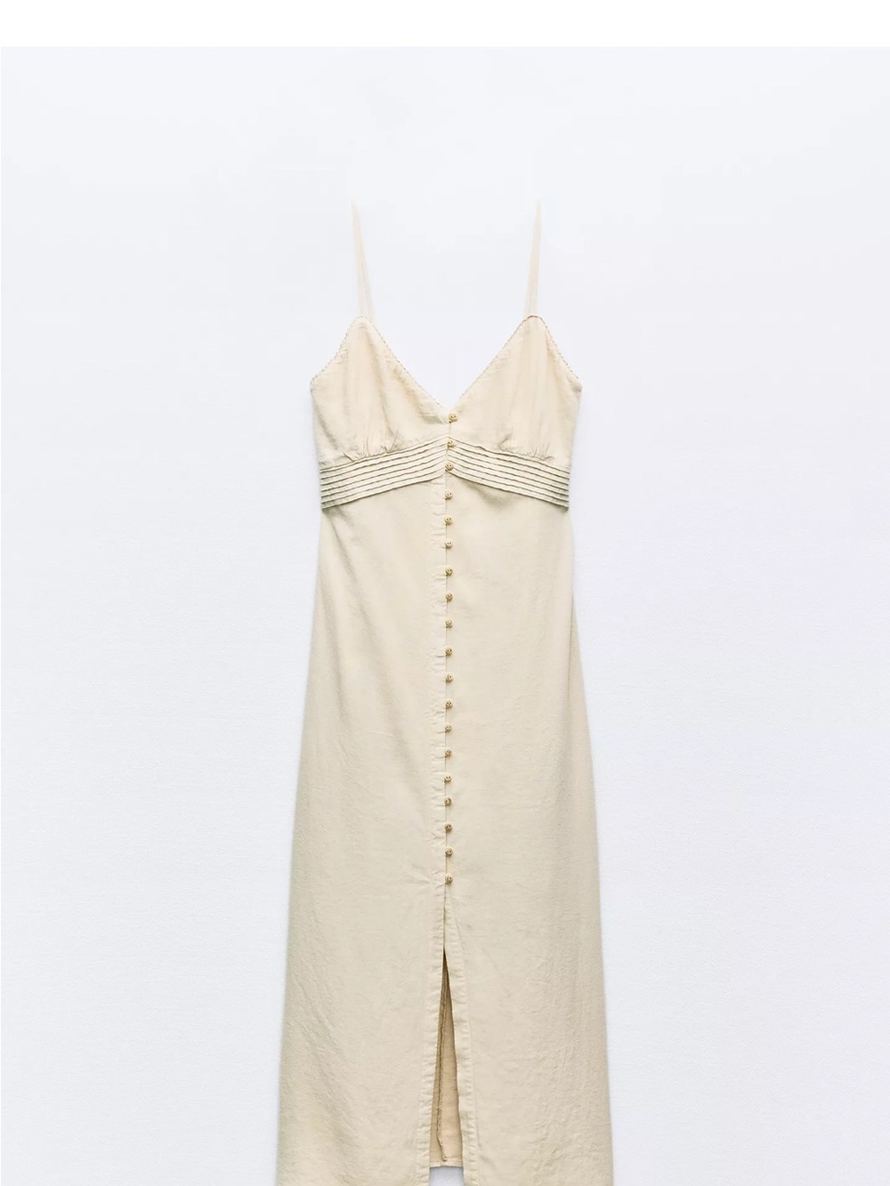 Zara Cream Strappy Linen Blend Button-Front Slip Dress